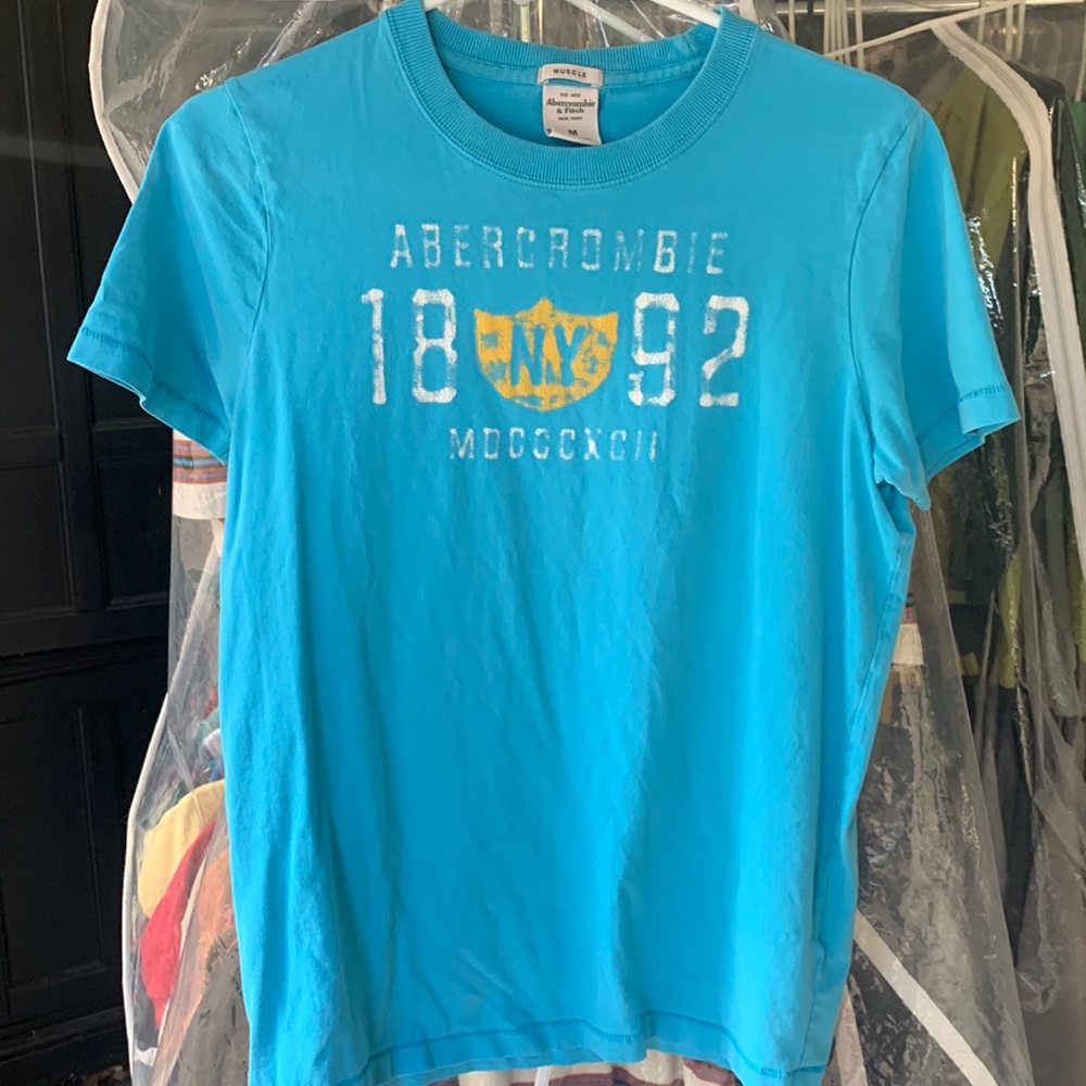 MENS Vintage Inspired ABERCROMBIE & FITCH Muscle Fit Light Blue Logo T-Shirt